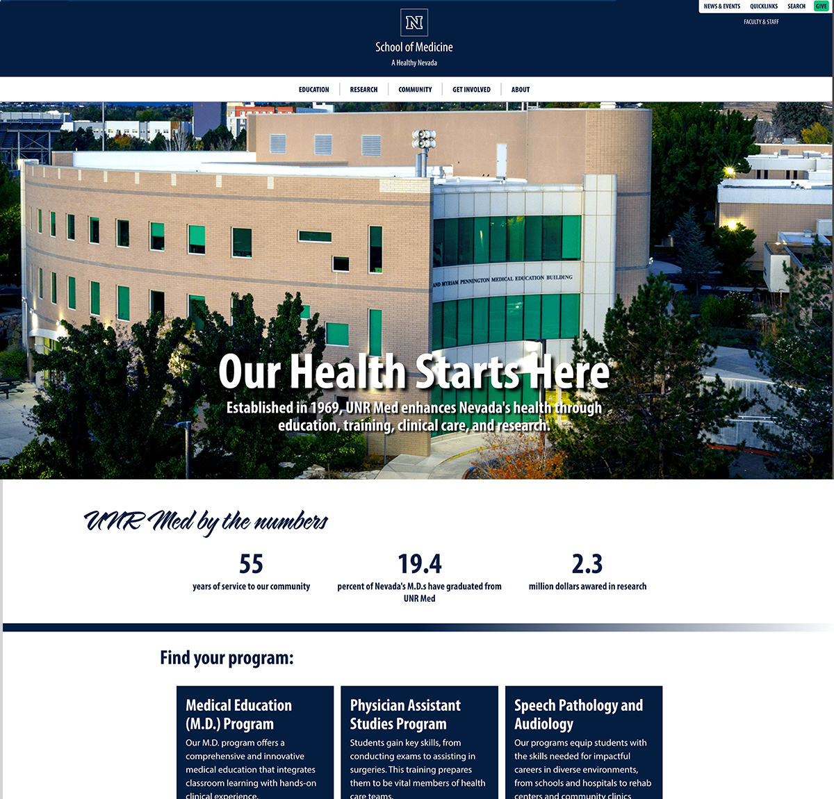 UNR Med home page after redesign